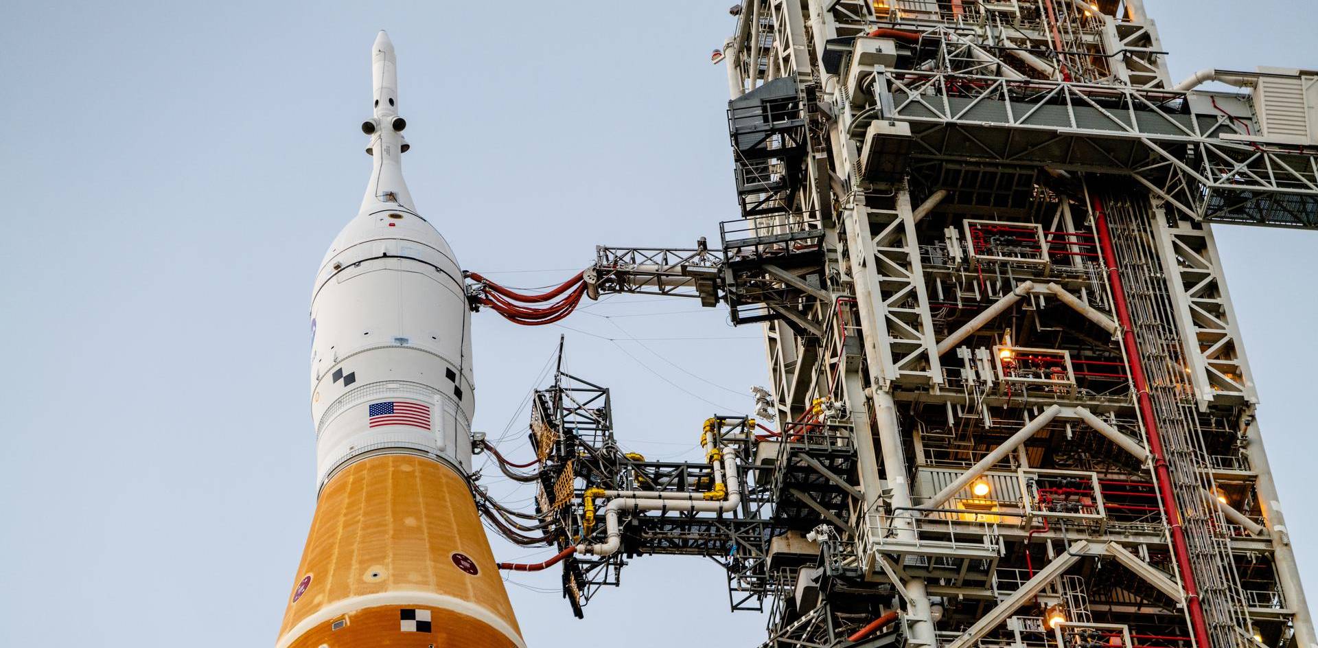 A rocket sitting on the launch pad at the Kennedy Space Center. 