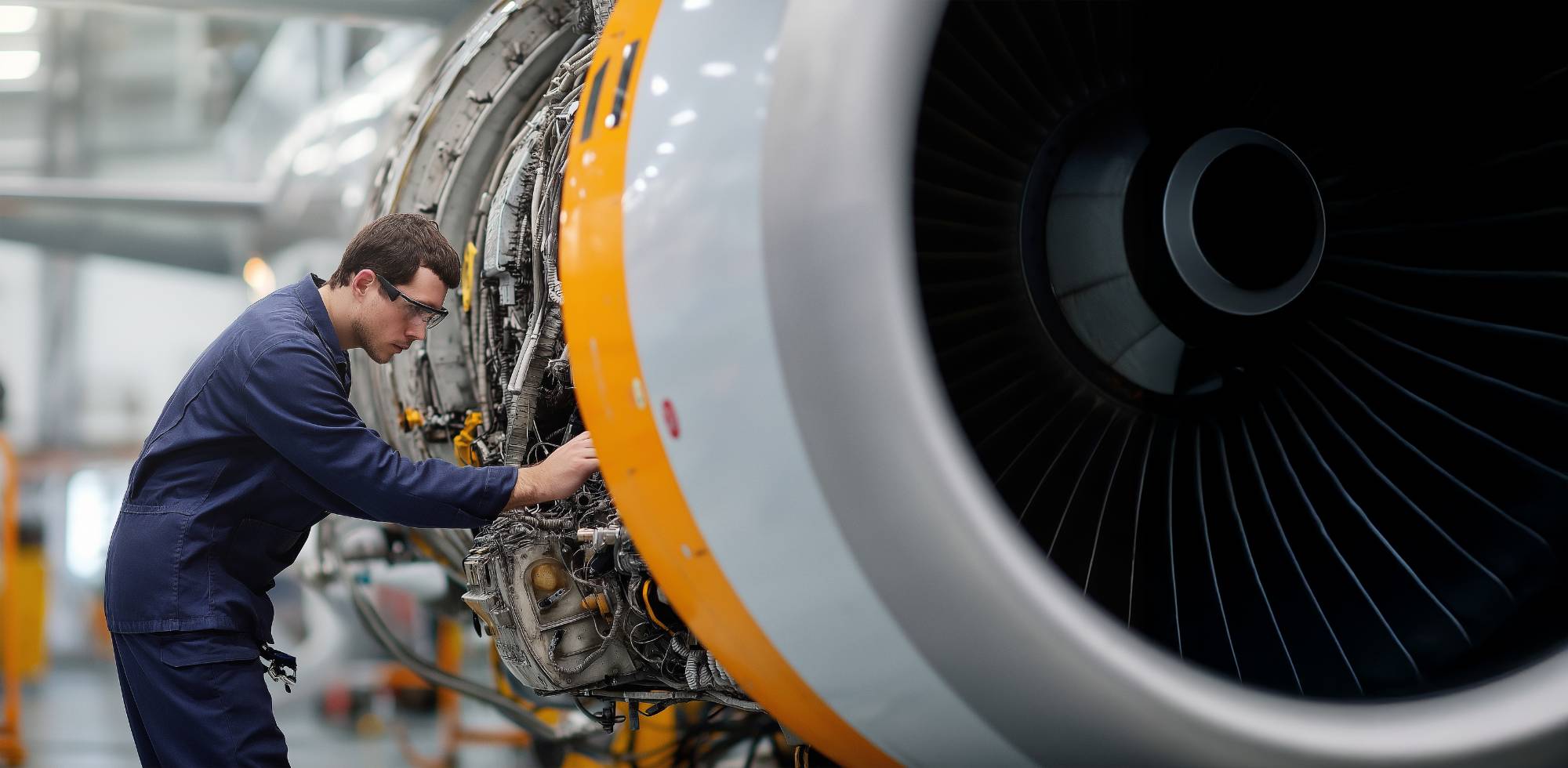 Aviation maintenance technician fixing a large jet engine.