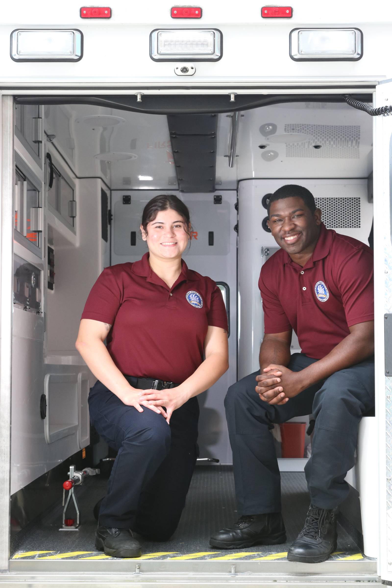 Paramedic students inside DSC's training ambulance. 