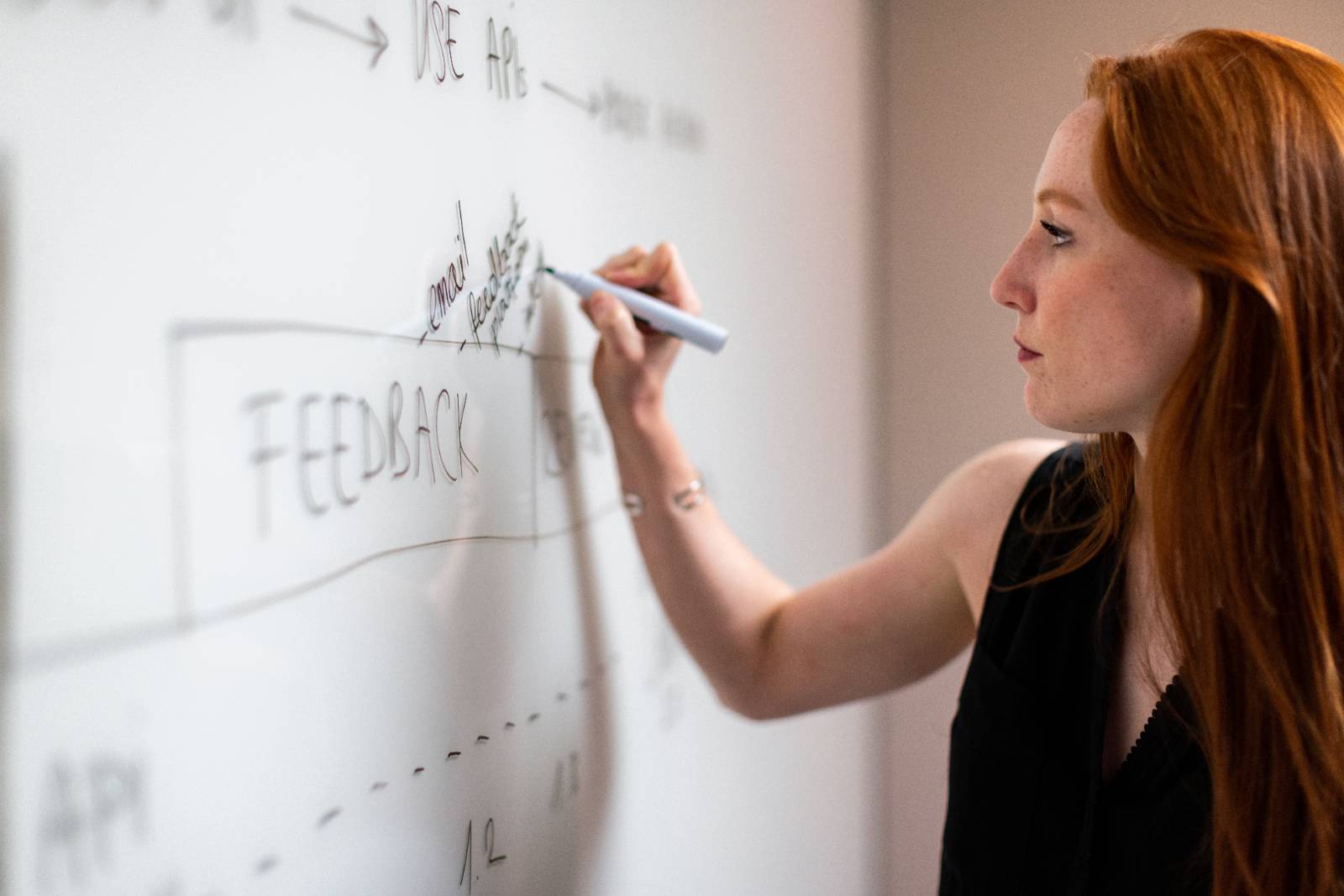 person writing plans on whiteboard