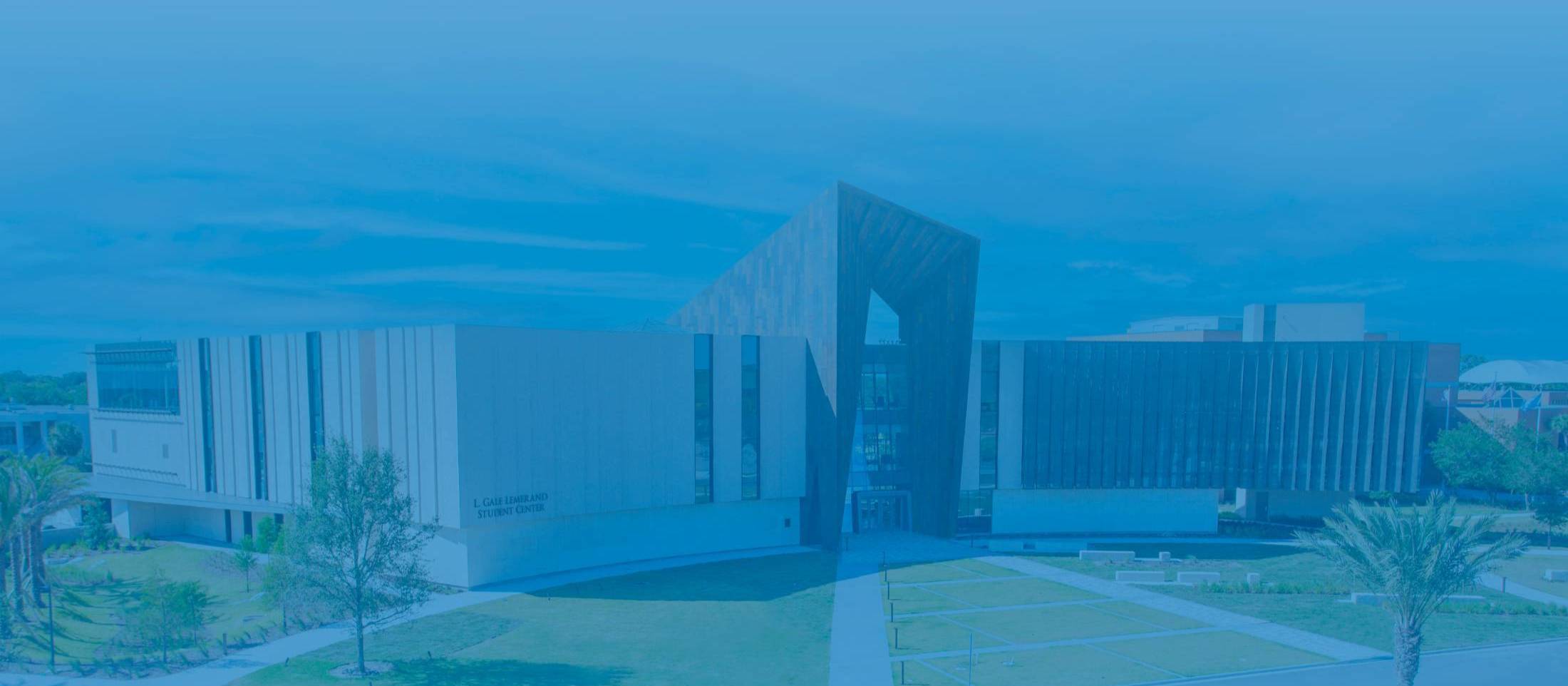 The L. Gale Lemerand Student Center at the Daytona Beach Campus, exterior shot. 