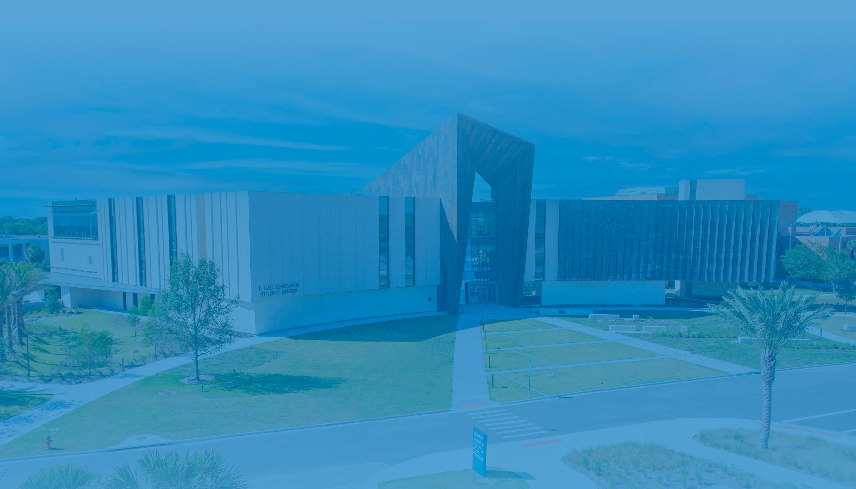 Photo of the student center with a blue overlay graphic.