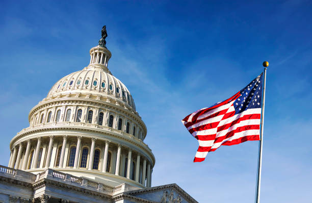 American flag in front of US Capitol Building